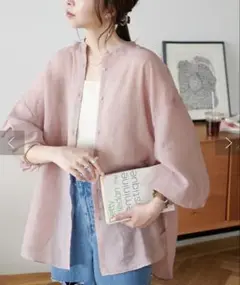 《極美品》DISCOAT デイスコート　シアーバンドカラーシャツ　ピンク