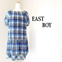 【美品】EAST BOY 青系チェック 半袖ひざ丈ワンピース キャミソール付き