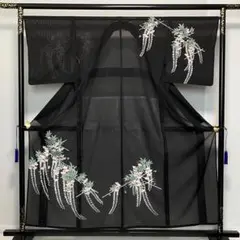 D428夏着物　訪問着　藤の花　黒地　絽　ポリエステル洗える着物　バチ衿　極美品