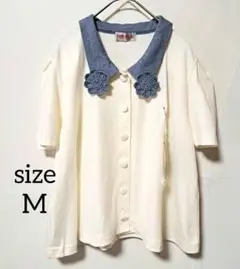 未使用　デニム花モチーフ襟　半袖シャツ　ブラウス 　M　トップス
