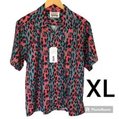 ノーブランド　オープンカラーシャツ　XLサイズ　総柄　グリーン