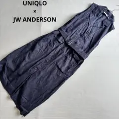 【ユニクロ】ベルテッドラペルワンピース　麻混　ジレ　ネイビー　オシャレ（M）