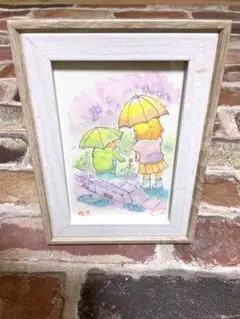 手描きの水彩画　雨の中の子供達　原画　ポストカードサイズ　フレーム付き