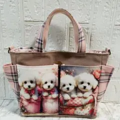 【ハンドメイド】白トイプードルちゃんとタータンチェック柄ポケット沢山お散歩バッグ
