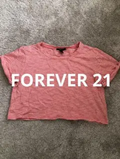 FOREVER 21 サーモンピンクと白のボーダー柄 クロップドTシャツ M