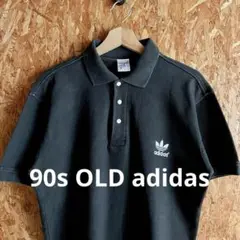90s OLD adidas 万国旗タグ ポロシャツ トレフォイル 刺繍ロゴ 黒