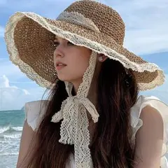 レディース 麦わら帽子 ハット UV対策 つば広 大きめ リボン レース