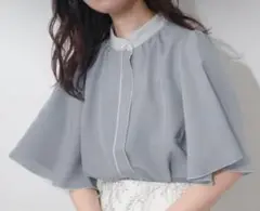naturalcouture パール釦ポイントカラーフレア５分袖ブラウス ブルー