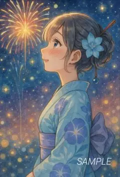 花火と浴衣の少女 夏の夜 水彩イラスト風 No.44