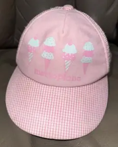 メゾピアノアイスクリームチェックメッシュ調節可能キャップ帽子ピンク白F54〜56