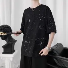 半袖 ブラック黒 星空 XL キラキラ カジュアル Tシャツ ラメ メンズ