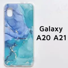 Galaxy A20,A21 ケース クリア 青緑 マーブル