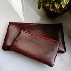 本革　ファスナーポーチ　ボルドー　大小2個セット　財布としても