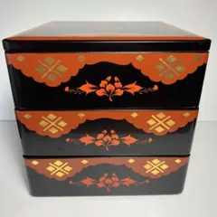 未使用 秀衡塗 重箱 お重 三段 伝統工芸品 花 金 赤 堅地漆器