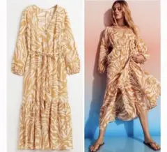 H＆M ワンピース　カシュクール　ゼブラ　しわ加工　ロングワンピース　イエロー