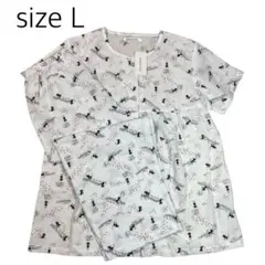 【size L】新品未使用　ノーカラーパジャマ　ネコ音符柄　半袖×7分丈パンツ