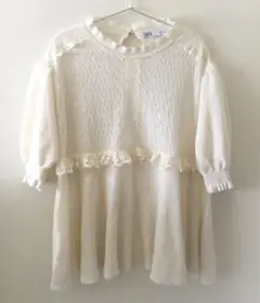 美品◯ZARA フリルレースニット◯半袖　オフホワイト