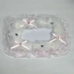 No.102 ♡シルバー×ピンク♡デコ名札ケース ふわふわ レース りぼん