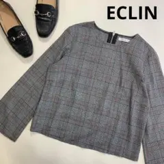 ECLIN チェック　ブラウス　長袖　プルオーバー　グレー　F