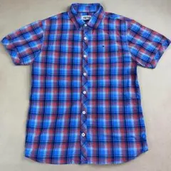 90s HILFIGER DENIM 半袖シャツ ブルー レッド チェック