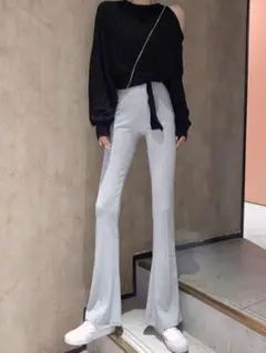 ハイウエスト スリム ワイドレッグパンツ レディース オルチャンファッション25