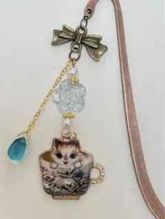 1点のみ♡カップ子猫ちゃんとリボンのアンティークブックマーカー