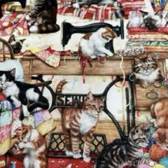 USA コットン ロバート カフマン アンティークミシンと子猫　生地　ハギレ