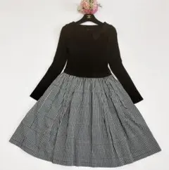 美品☆Rene ニット ドッキング ワンピース ウエスト切替 ギンガムチェック