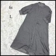 美品【fit】5分袖バンドカラーロングシャツワンピース L グレー レディース