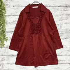 A1013　chercheur　トップス　スクエアネック　エンジ　七分袖　M