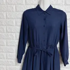 1888 シャツワンピース Ｆ ネイビー フレア 上品 薄手 長袖 レトロ 秋
