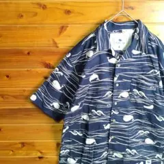 半袖シャツ　柄シャツ　鯨　クジラ　通気性　紺　ネイビー　白　オープンカラー　XL