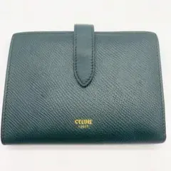 【美品】セリーヌ ストラップウォレット グリーン 折財布 コンパクト シボ革