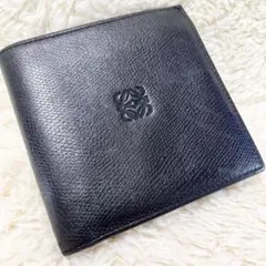 【美品】ロエベ アナグラム 折り財布 ブラック ユニセックス シボ革 レザー
