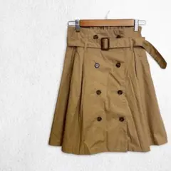 フレアスカート トレンチ風 ベルト付き 綿混 裏地 バックゴム ひざ丈 上品