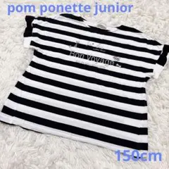 ポンポネットジュニア Tシャツ　150 ボーダー　黒✖️白　刺繍　リボン