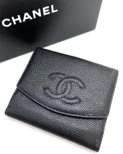美品 CHANEL ココマーク キャビアスキン コンパクト折り財布 シャネル