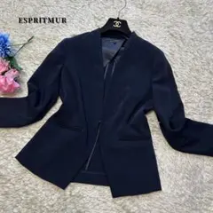 【良品】エスプリミュール　ノーカラージャケット　ネイビー　背抜き　M相当