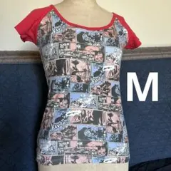 赤色のチビＴ　Ｔシャツ　レア　総柄イラスト　　古着