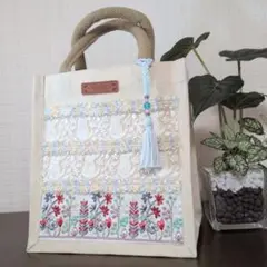 猫のインド刺繍リボンコットンバック