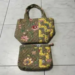 カーキと黄色の花柄トートバッグセット