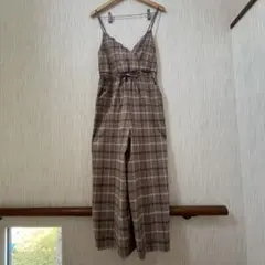 natural couture ブラウン チェック柄 キャミソールオールインワン