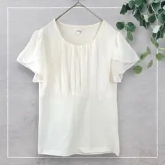 【エヌラインプレシャス】フリル袖ブラウス(9)白　プリーツ　半袖　オフィス　通勤