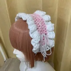 ハンドメイド　ヘッドドレス　ピンク×白