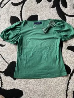 エムズグレイシー★パフスリーブ Tシャツ ビーズ付きリボン★新品タグ付★38緑
