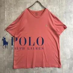 「RALPH LAUREN」ワンポイントポニーロゴ Vネック TシャツピンクXL