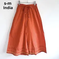4745【インド製】ガウチョパンツ　コットン100% 刺繍柄ワイド　クロップド丈
