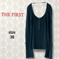 ザファースト【38】キーネック長袖リブニット シルク混 ブラック系 ストレッチ