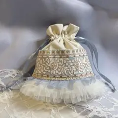 インド刺繍リボン巾着　縦18㌢×横16㌢