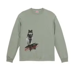 プレミアム ロングスリーブ Tシャツ セージグリーン オオカミ　孤高　水墨画